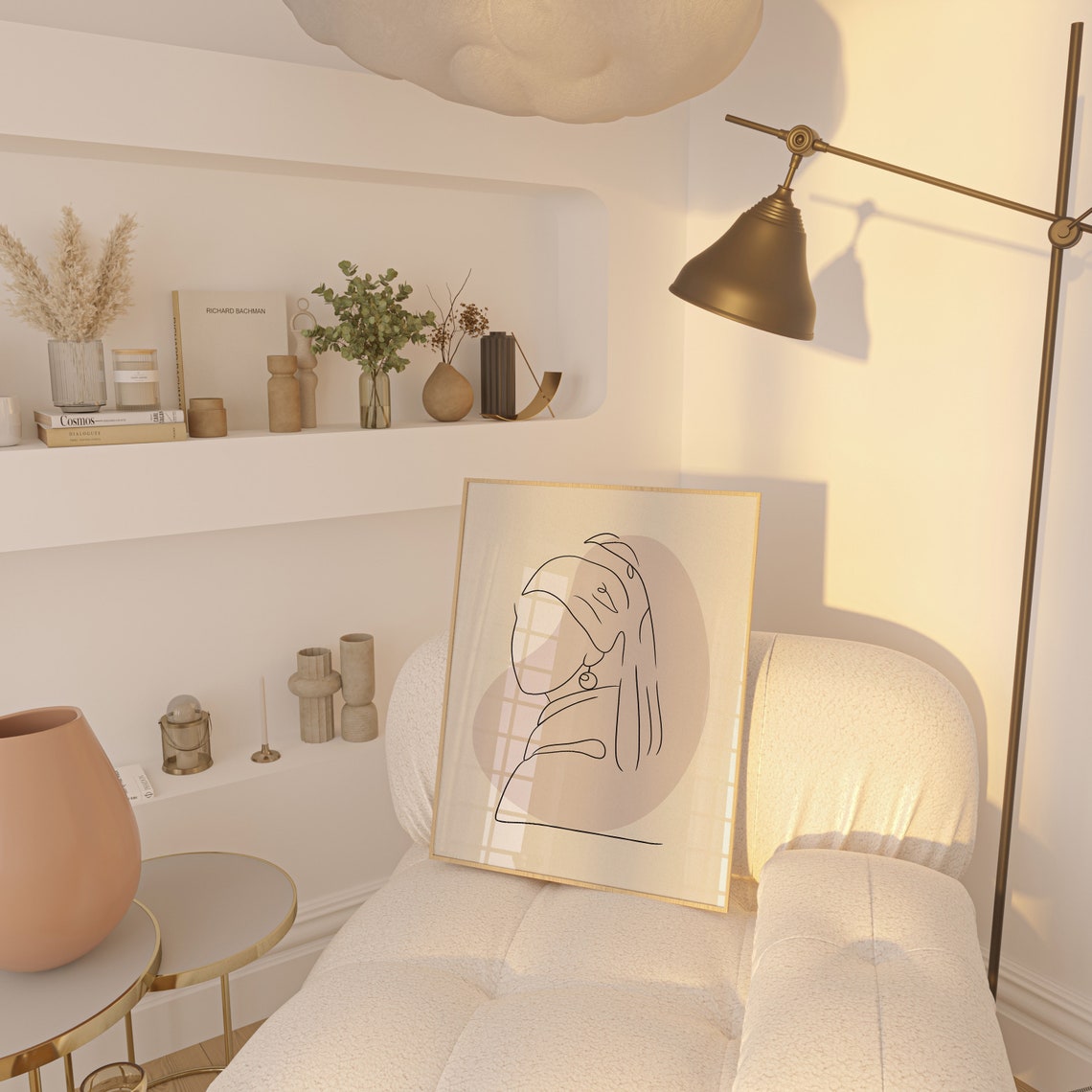 Girl With Pearl Earring Continuous Line Art Minimalist Beige Art Print - Image 3