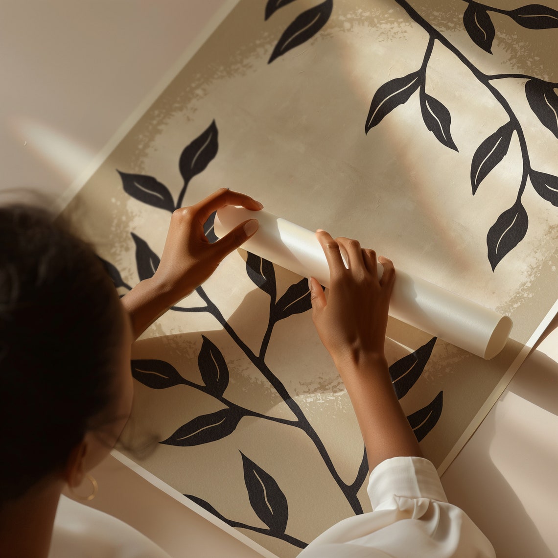 Full Moon Botanical Branch Silhouette Minimalist Beige Wall Art - Image 3