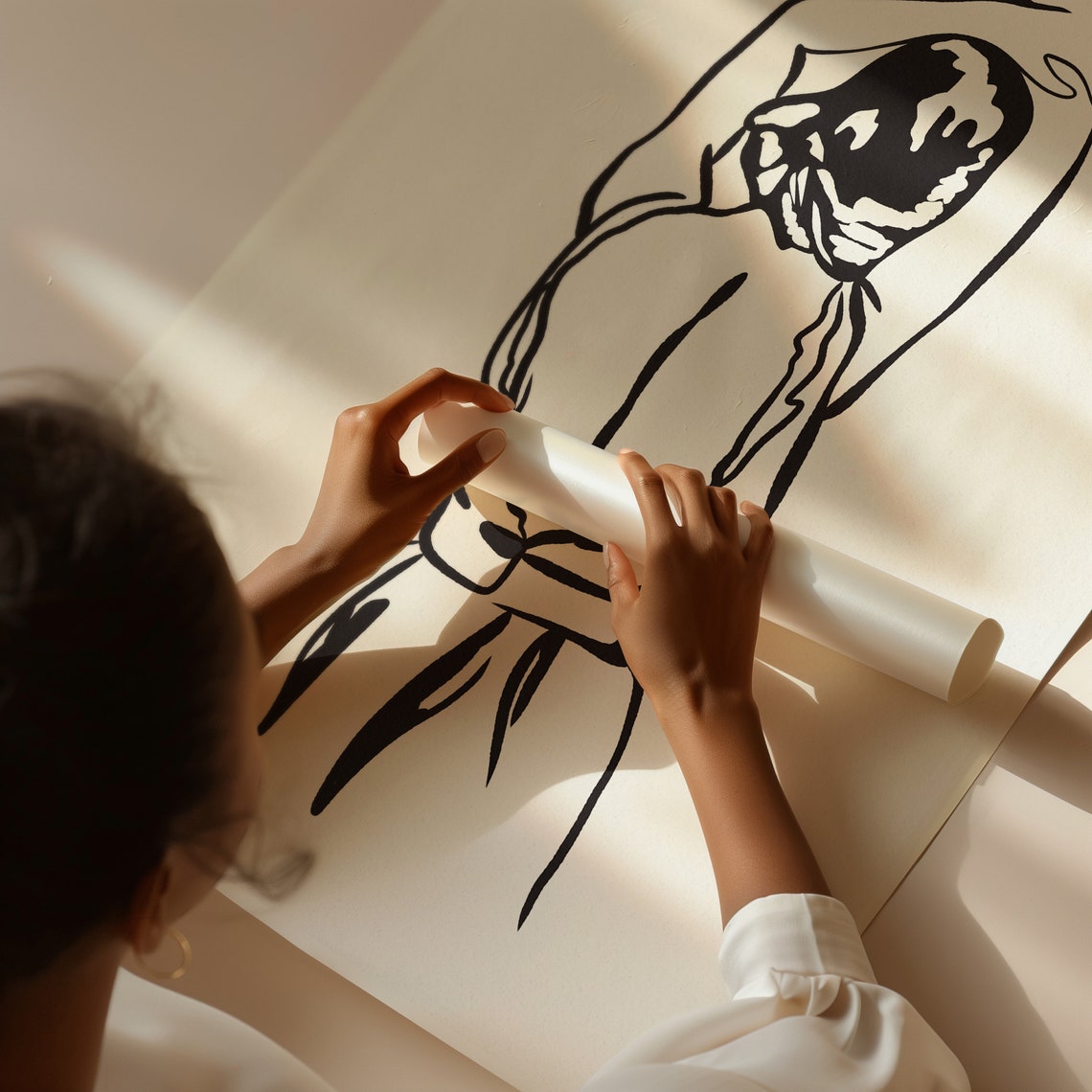 Woman From Behind Flowing Headscarf Black White Line Art Poster - Image 4