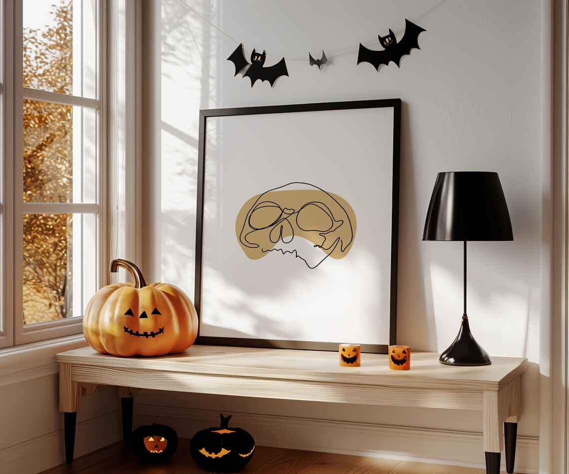 Minimalist Skull One Line Drawing Tan Abstract Modern Halloween Decor Print - Image 2