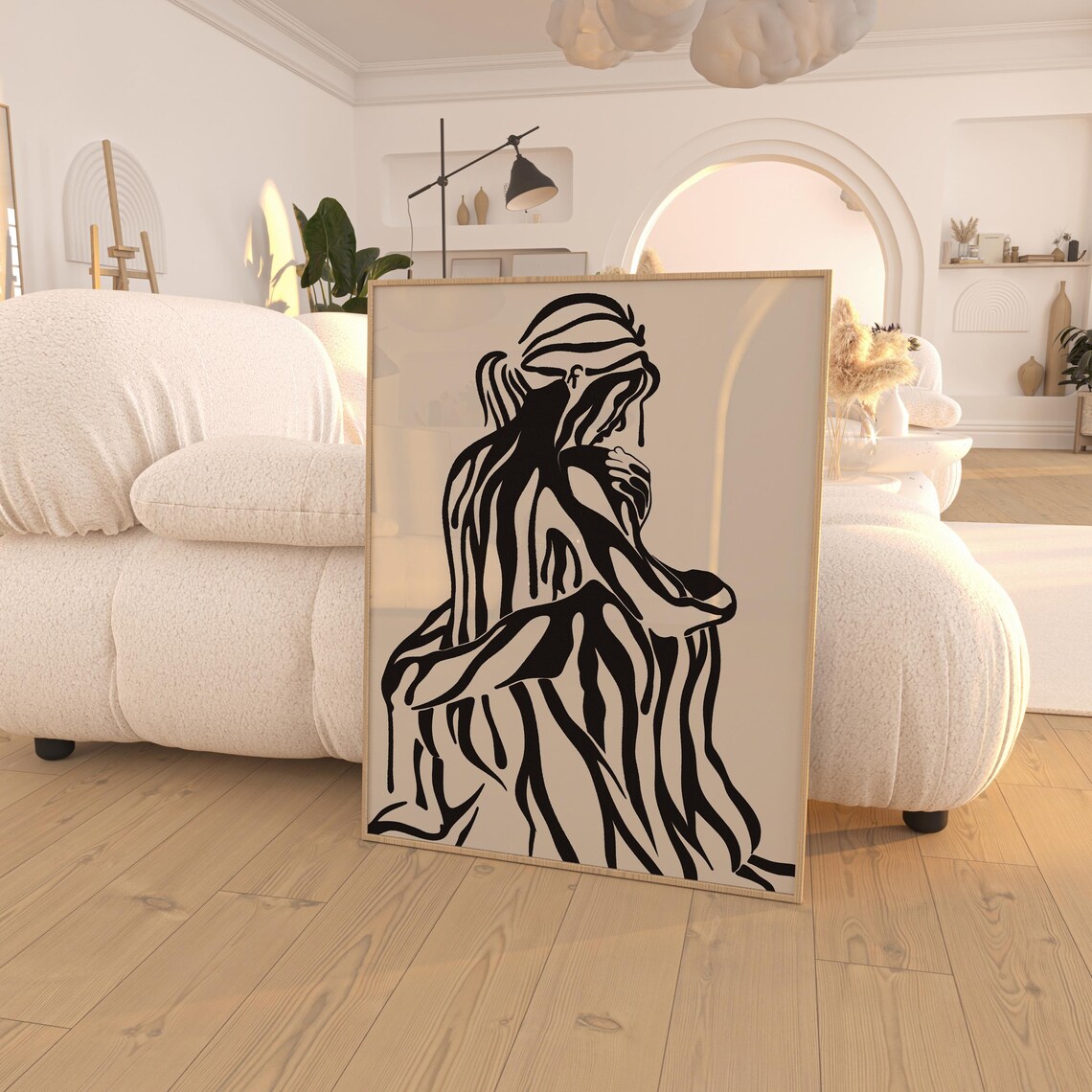 Flowing Hair Woman Silhouette Black Line Art Beige Modern Wall Art