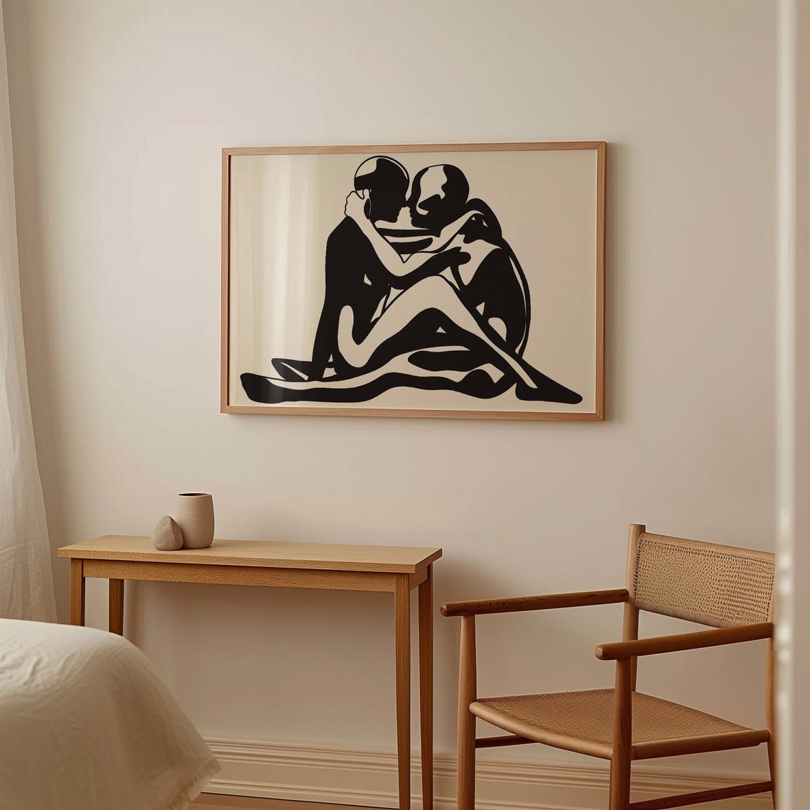 Embracing Couple Silhouette Black Beige Abstract Romantic Modern Print - Image 4