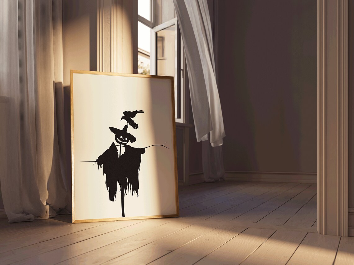 Scarecrow Silhouette Pumpkin Head Crow Minimalist Spooky Halloween Poster - Image 2