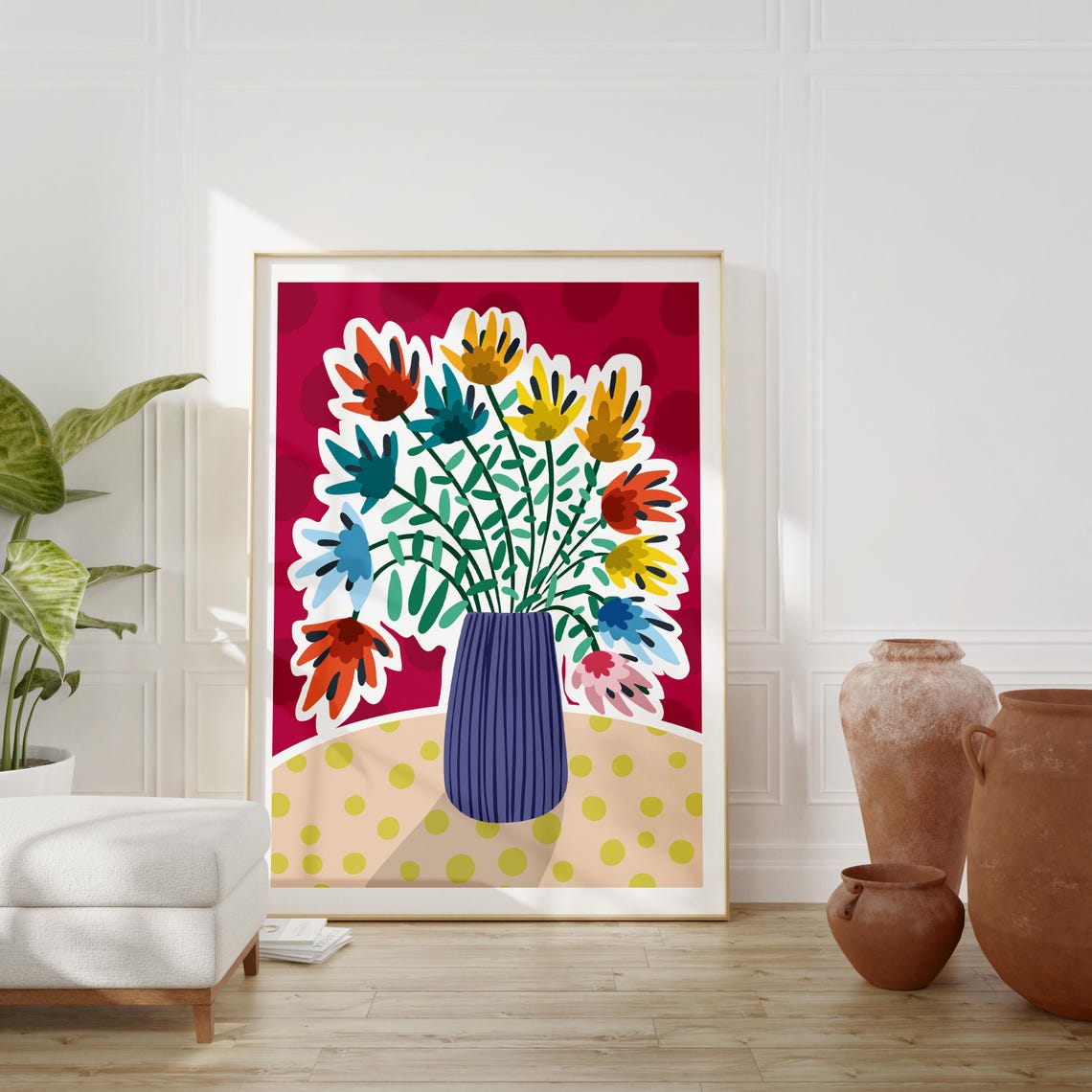 Colorful Flower Bouquet Blue Vase Bold Pop Art Botanical Wall Poster
