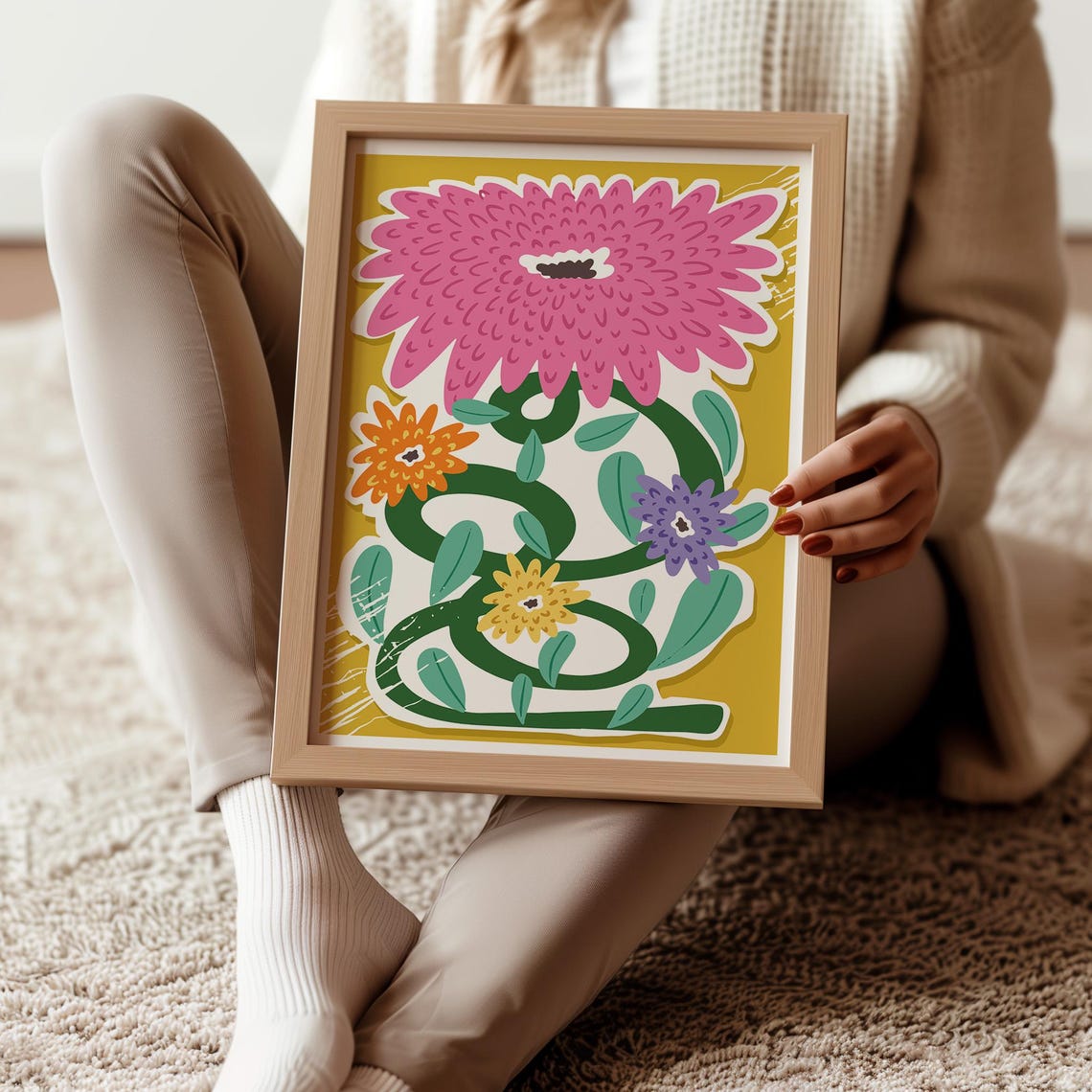 Bold Pink Daisy Retro Floral Mustard Colorful Botanical Poster - Image 4
