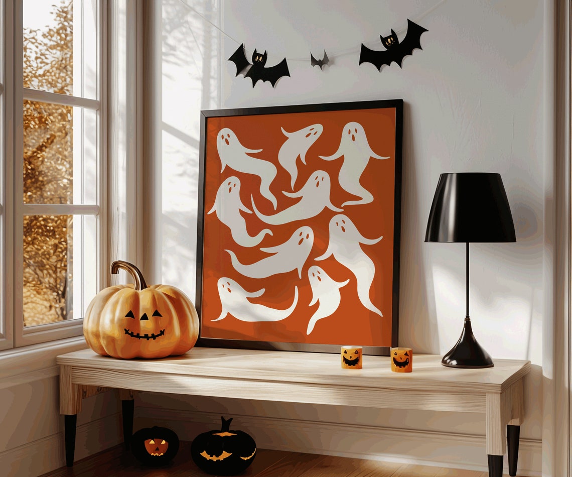 Cute White Ghost Pattern Burnt Orange Retro Spooky Halloween Poster - Image 3