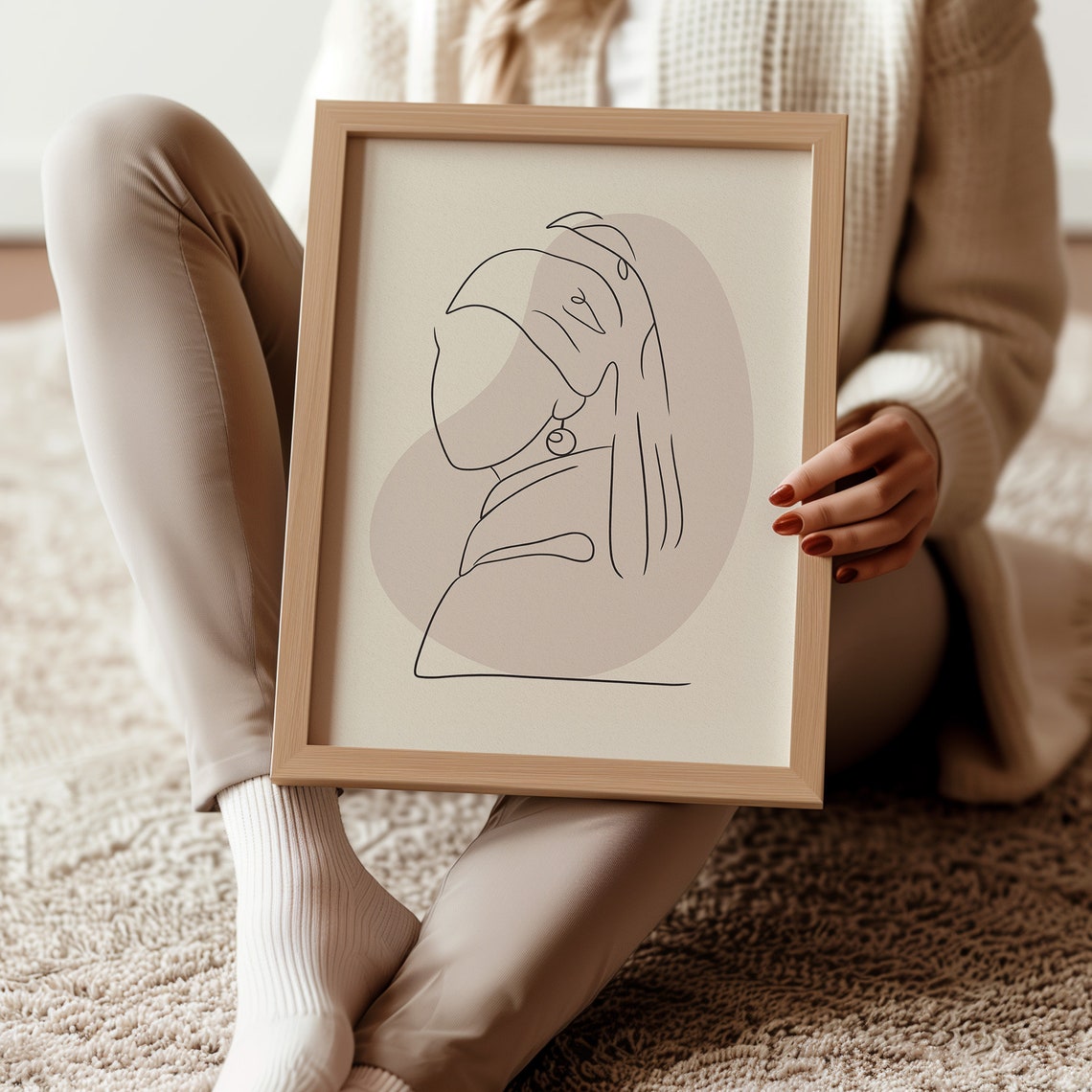 Girl With Pearl Earring Continuous Line Art Minimalist Beige Art Print - Image 2