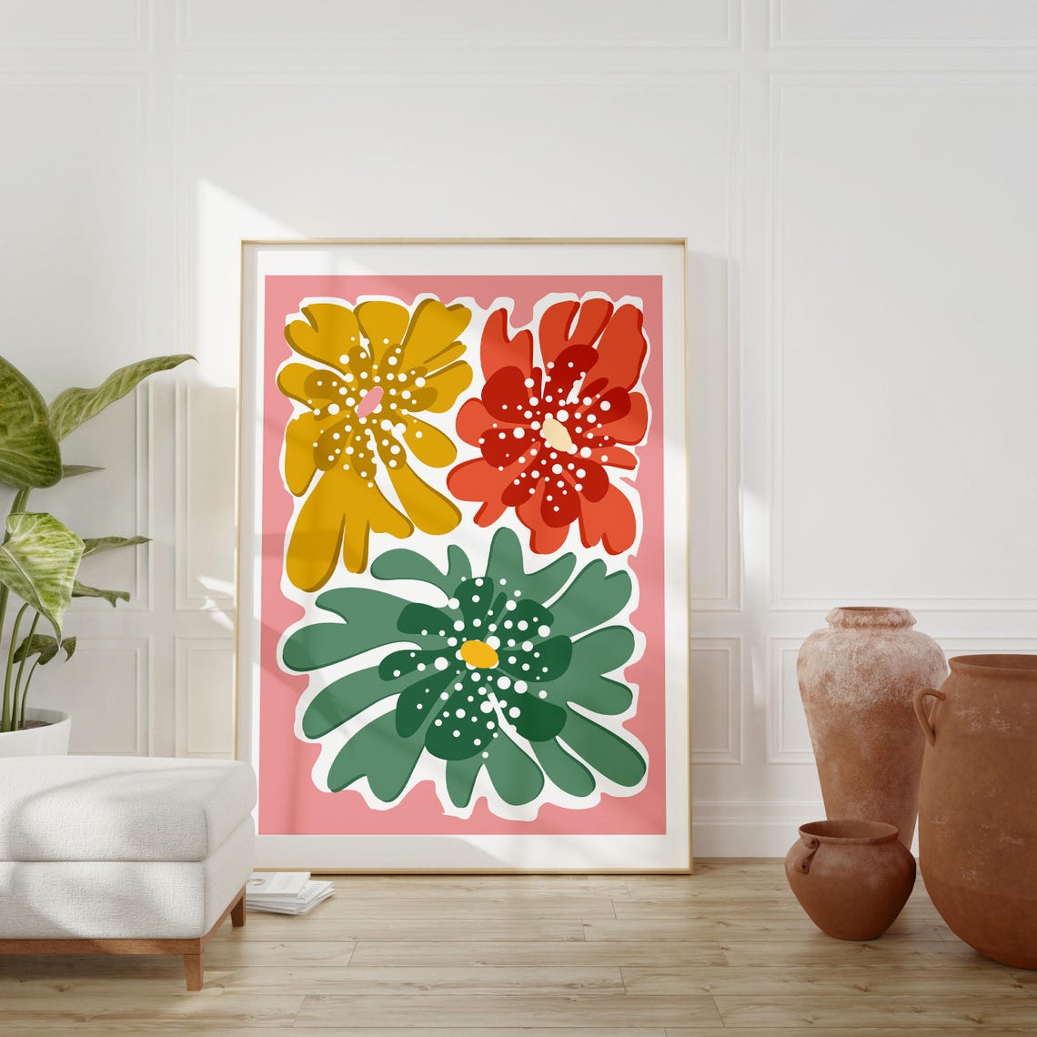 Bold Stylized Flowers Yellow Red Green Pink Retro Botanical Wall Art