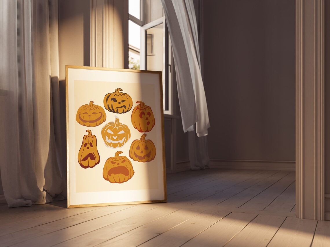 Funny Jack O Lantern Faces Pumpkin Grid Retro Halloween Kids Wall Art Print - Image 2