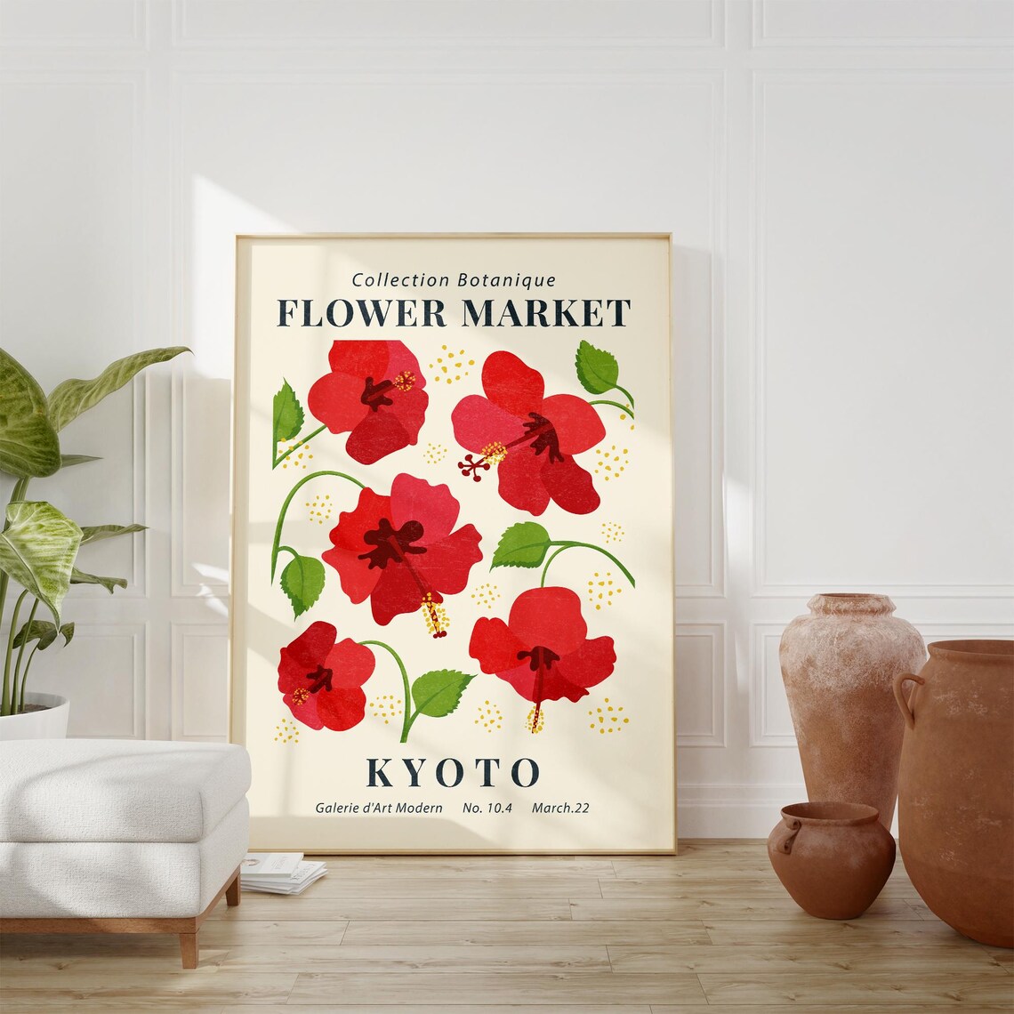 Flower Market Kyoto Red Hibiscus Botanical Vintage Style Art Poster