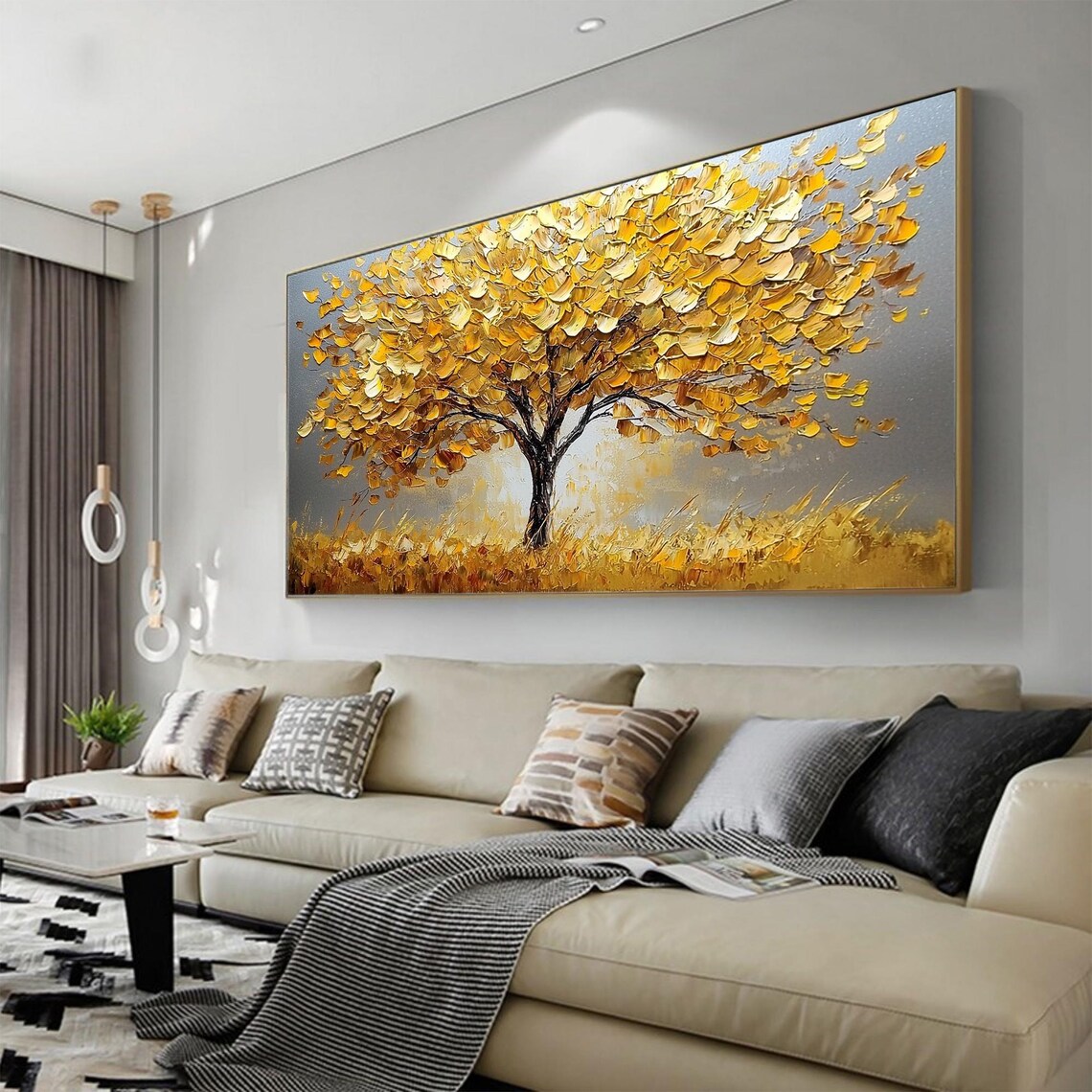 Golden Tree Of Life Textured Oil Painting Gold Leaf Autumn Wall Art - Image 2