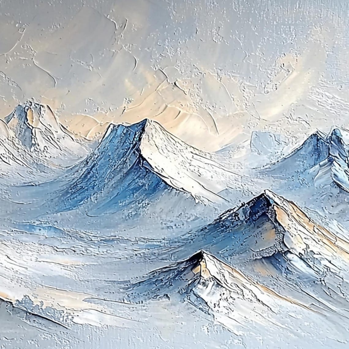Misty Blue Snow Capped Mountains Serene Textured Landscape Wall Art - Image 3