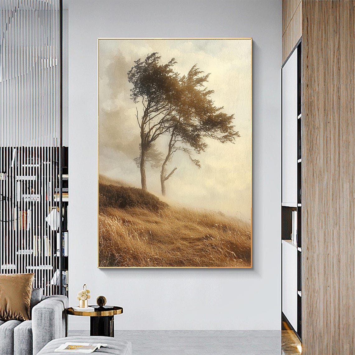 Windswept Lone Tree Golden Hill Misty Autumn Landscape Wall Painting - Image 2