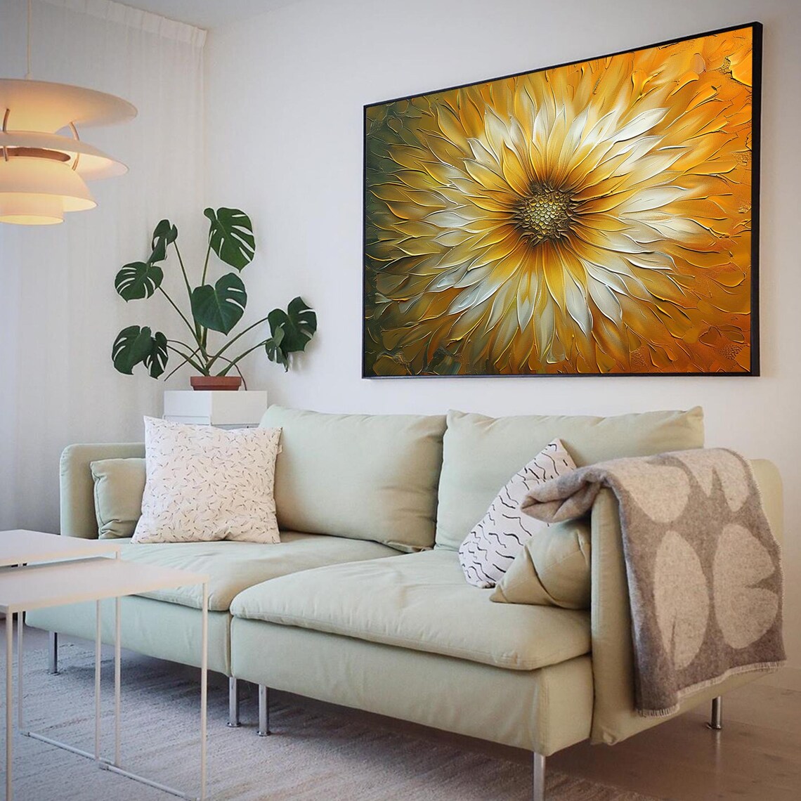 Golden Sunflower Bloom Close Up Abstract Impasto Oil Painting Poster - Image 3