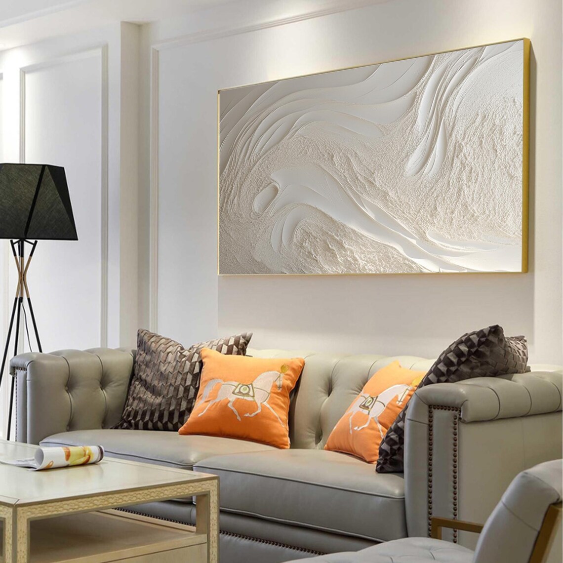 White Beach Ocean Waves Oil Painting, Abstract Art Print - Image 2