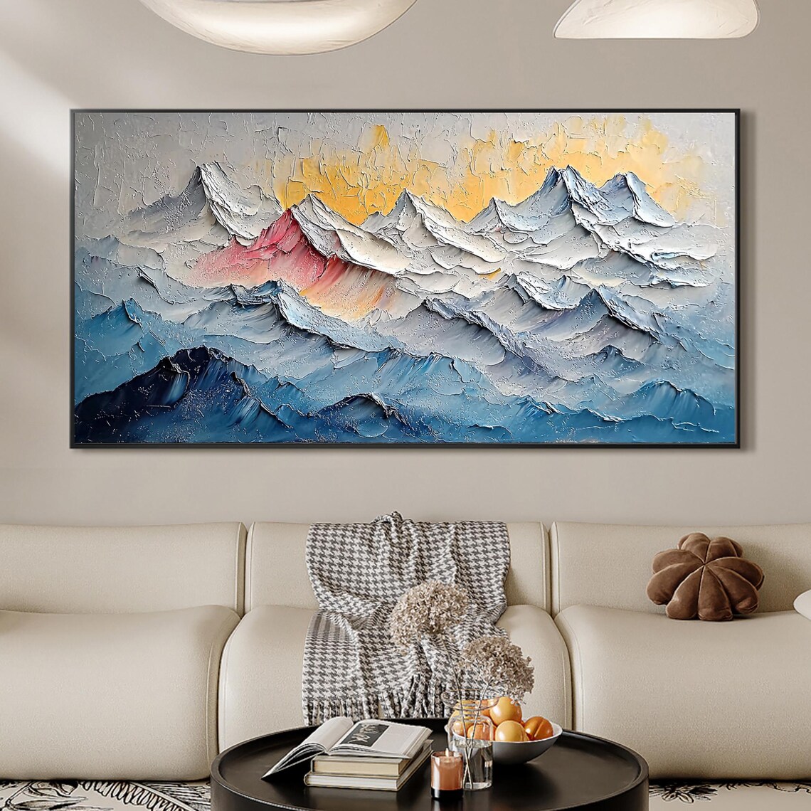 Snowy Blue Mountains Sunrise Glow Textured Oil Painting Landscape Art - Image 2