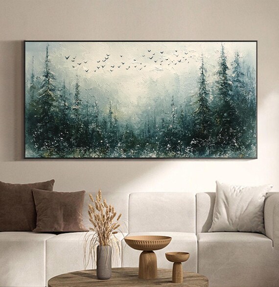 Abstract 3d Hand Painted Textured Green Forest Painting Original Pine Forest Painting Large Forest Scenery Wall Art Living Room Wall Decor