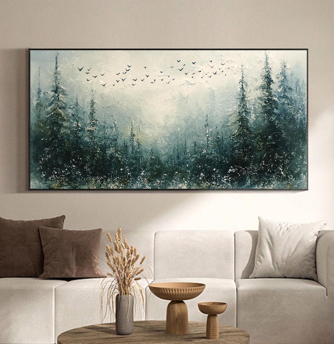 Misty Teal Pine Forest Birds Textured Oil Painting Modern Wall Art