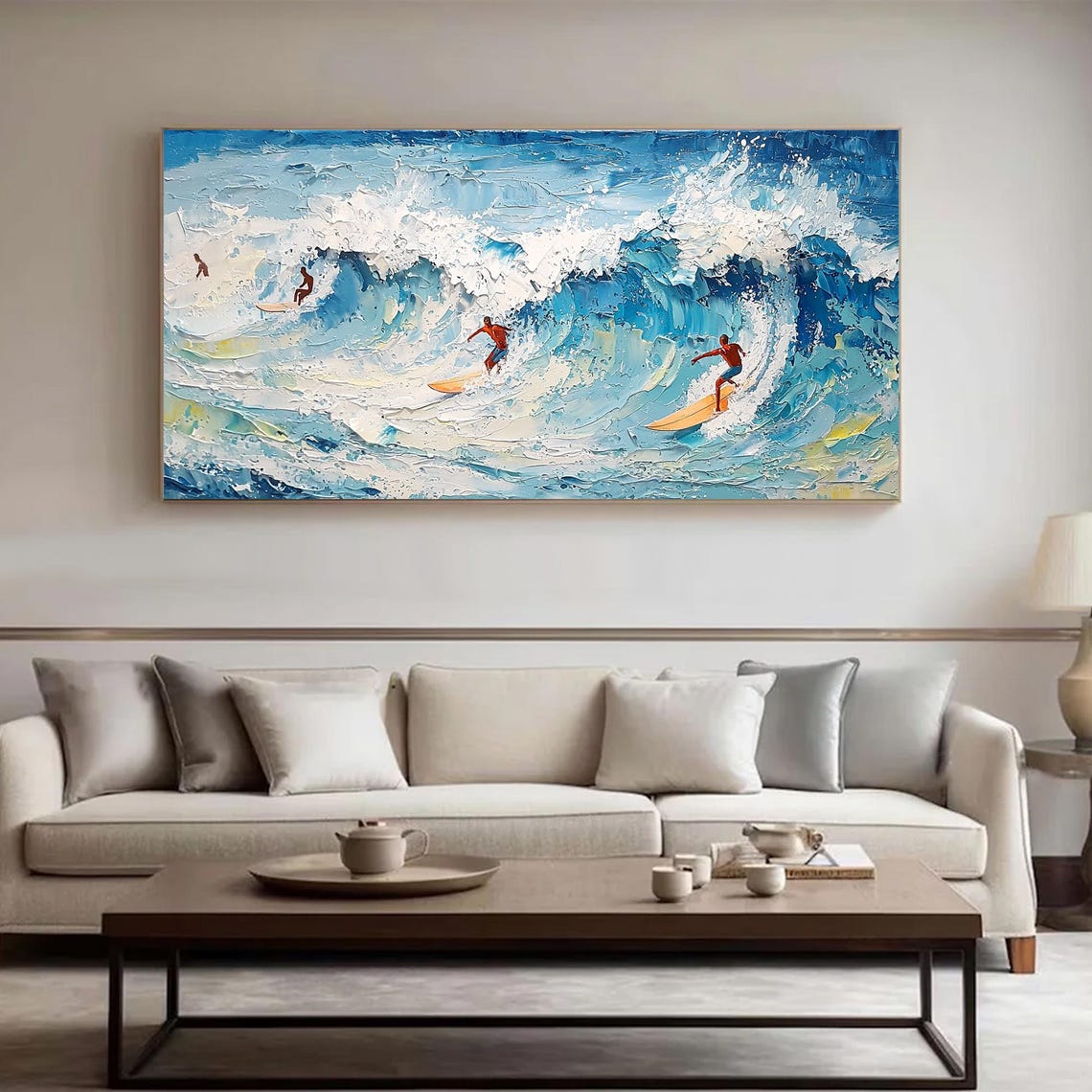 Original Abstract Surf Oil Painting Blue Ocean Waves Wall Art Custom Personalized Surfing Art Painting Sofa Background Home Decor - Image 2