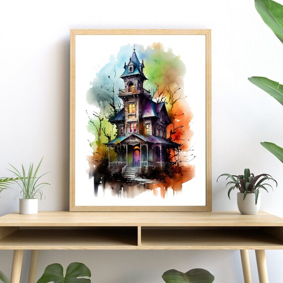 Creepy Watercolor Mansion Halloween Art Print
