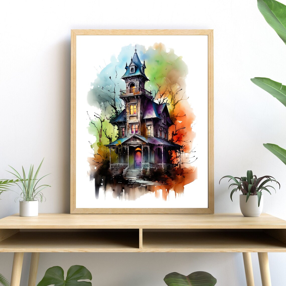 Creepy Watercolor Mansion Halloween Art Print