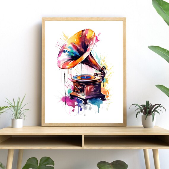 Gramophone Watercolor Art, Retro Music Lover Gift
