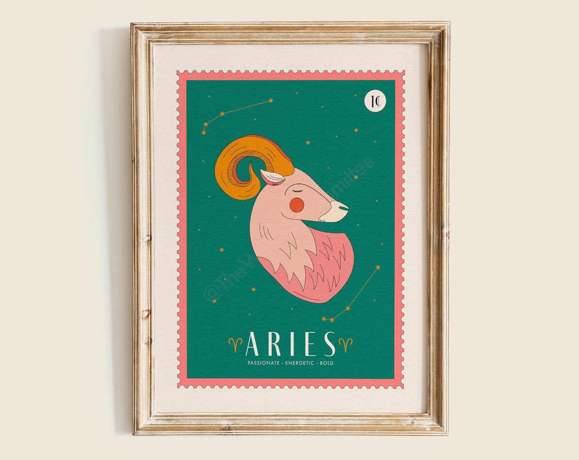 Aries Zodiac Star Sign Ram Constellation Celestial Stamp Poster
