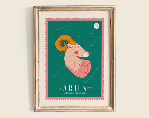 Aries Zodiac Star Sign Ram Constellation Celestial Stamp Poster