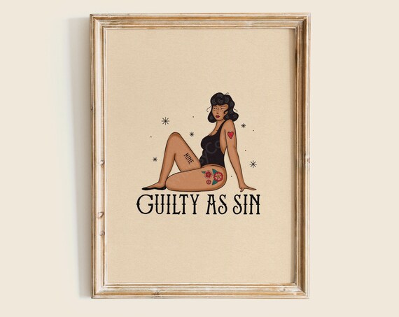 Guilty As Sin Vintage Pin Up Tattoo Style Woman Art Wall Print