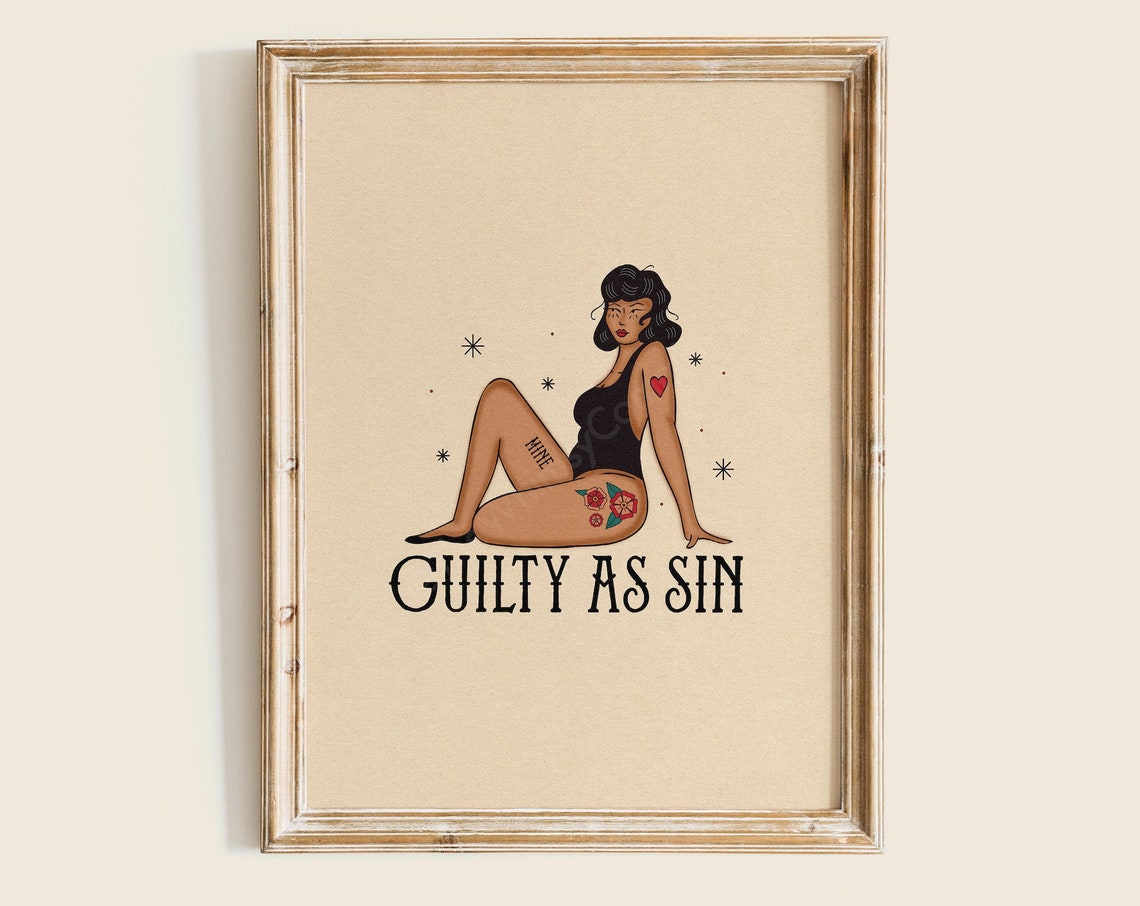 Guilty As Sin Vintage Pin Up Tattoo Style Woman Art Wall Print