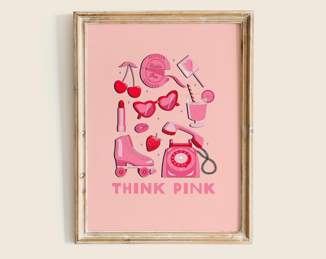 Think Pink Retro Collage Roller Skate Phone Cherry Girls Poster