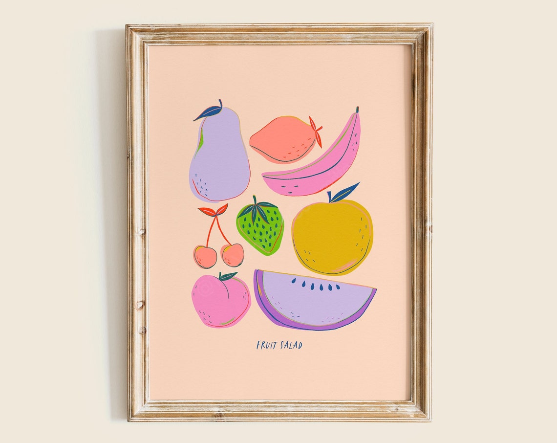Fruit Salad Pastel Fruit Illustrations Kitchen Decor Cute Art Poster