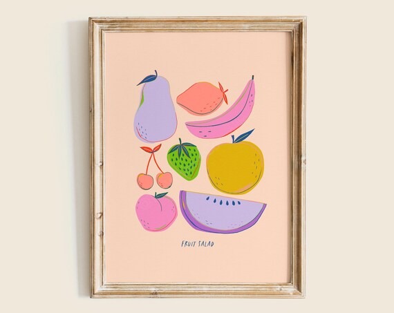Fruit Salad Pastel Fruit Illustrations Kitchen Decor Cute Art Poster