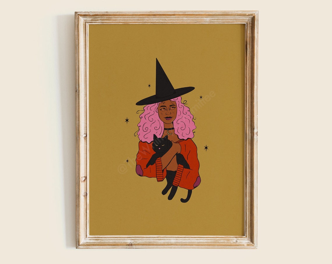 Pink Hair Witch Black Cat Whimsigoth Halloween Cute Decor Poster