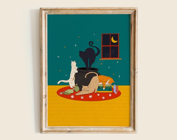 Cat Coven Art Print Witchy Illustration Room Decor Home