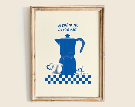 Moka Pot Art Print Un Cafe Au Lait Poster Coffee Shop Kitchen Decor Wall