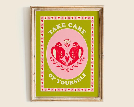 Take Care Of Yourself Folk Art Self Love Lovebirds Heart Wall Print