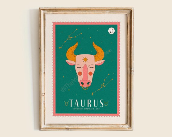Taurus Zodiac Stamp Bull Constellation Green Retro Astrology Poster