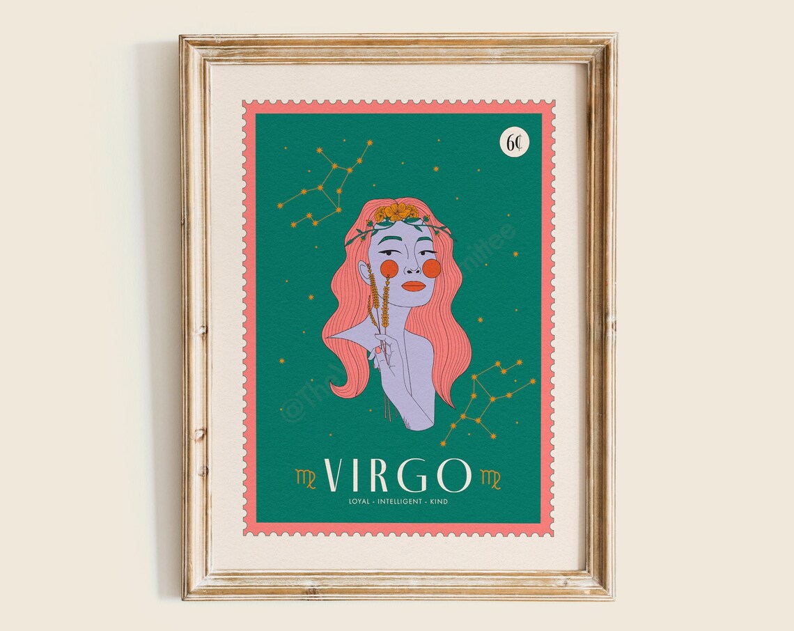 Virgo Zodiac Stamp Green Pink Woman Constellation Retro Art Poster