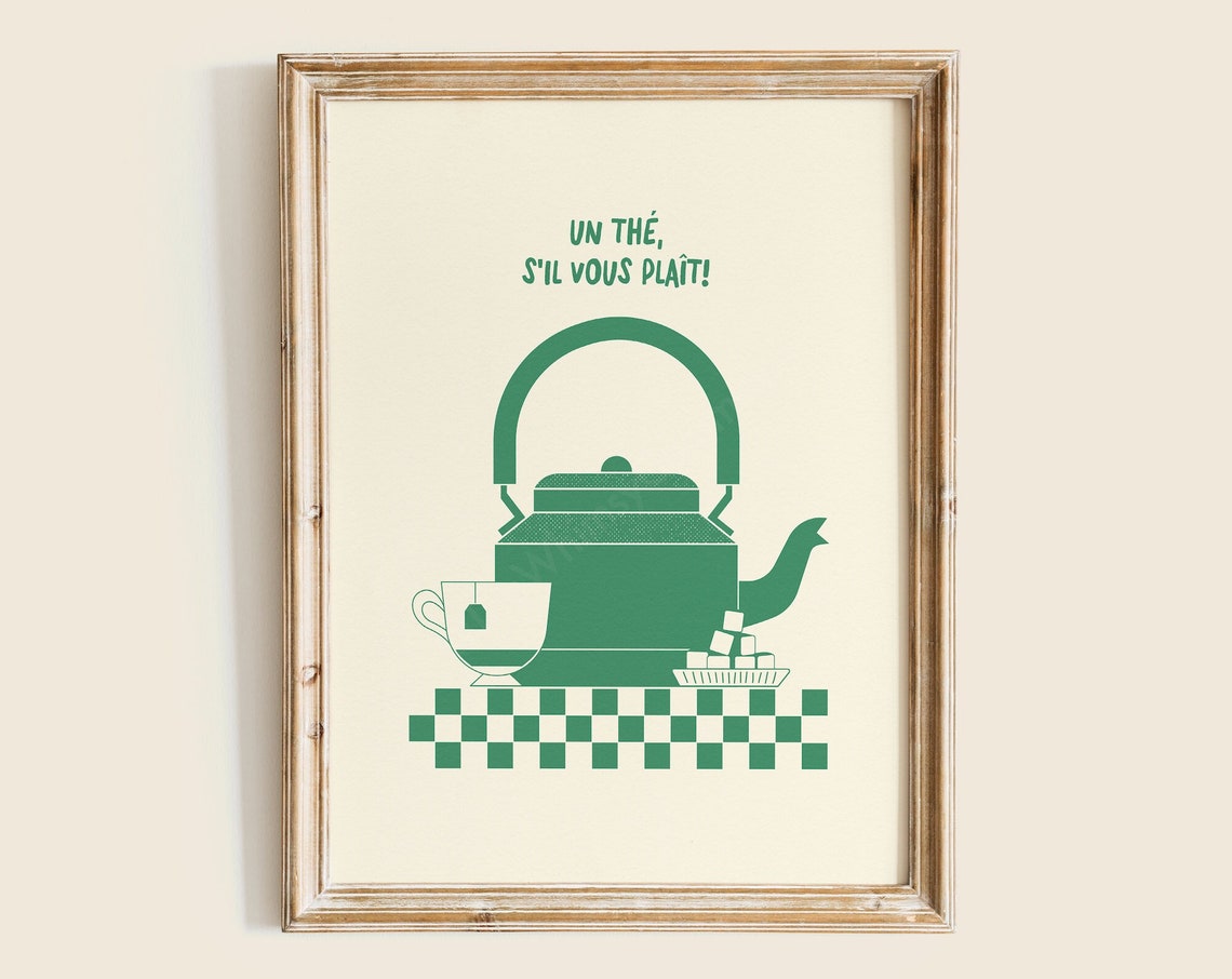 French Tea Kettle Sil Vous Plait Kitchen Minimalist Green Poster