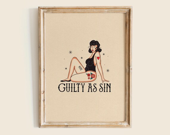 Guilty As Sin Retro Pin Up Woman in Vintage Tattoo Art Print