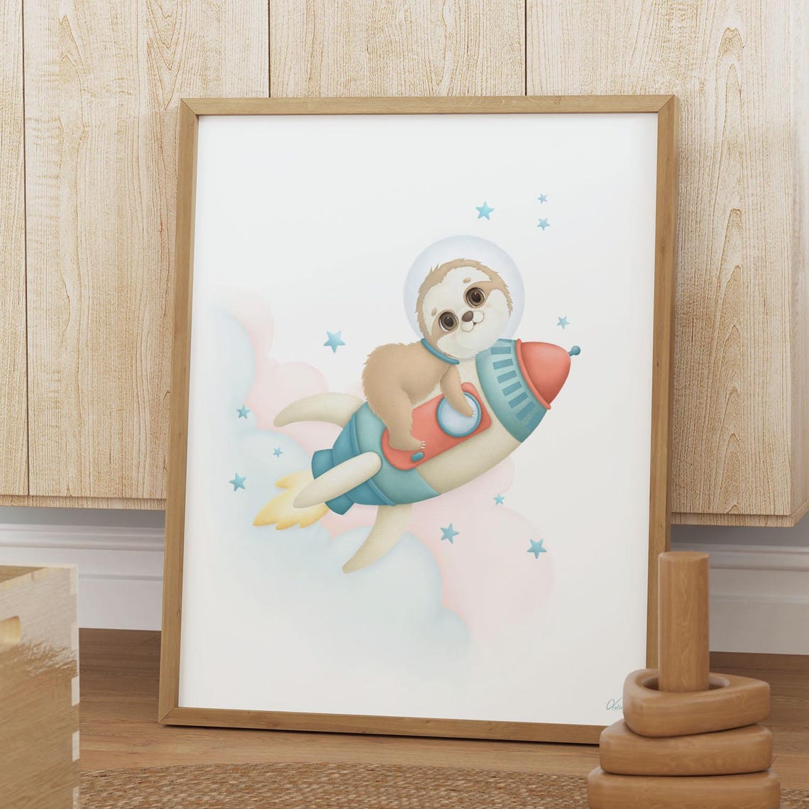 Rocket Sloth Illustration Gicle Print Space Astronaut Animal Kids Room Wall Art