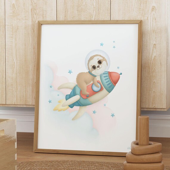 Rocket Sloth Illustration Gicle Print Space Astronaut Animal Kids Room Wall Art