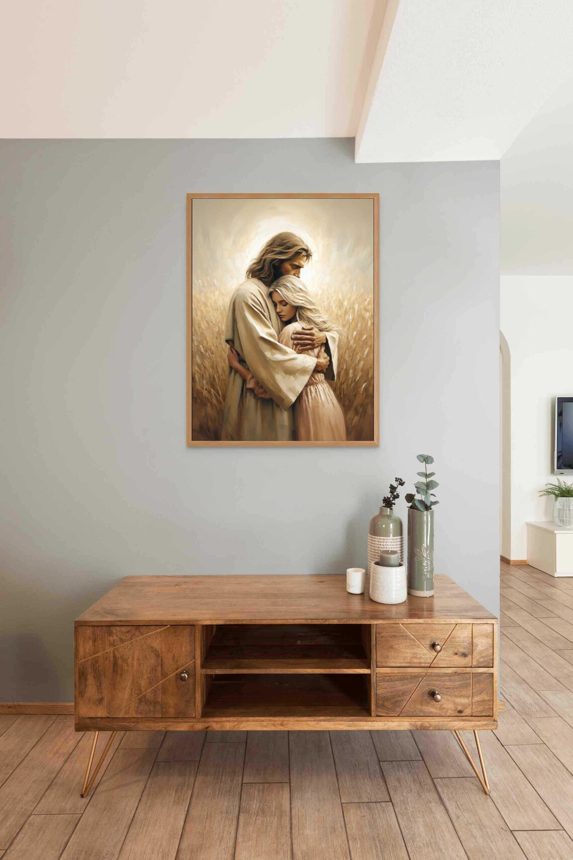 Jesus Embracing Blonde Woman In Wheat Field With Golden Glow Poster - Image 3