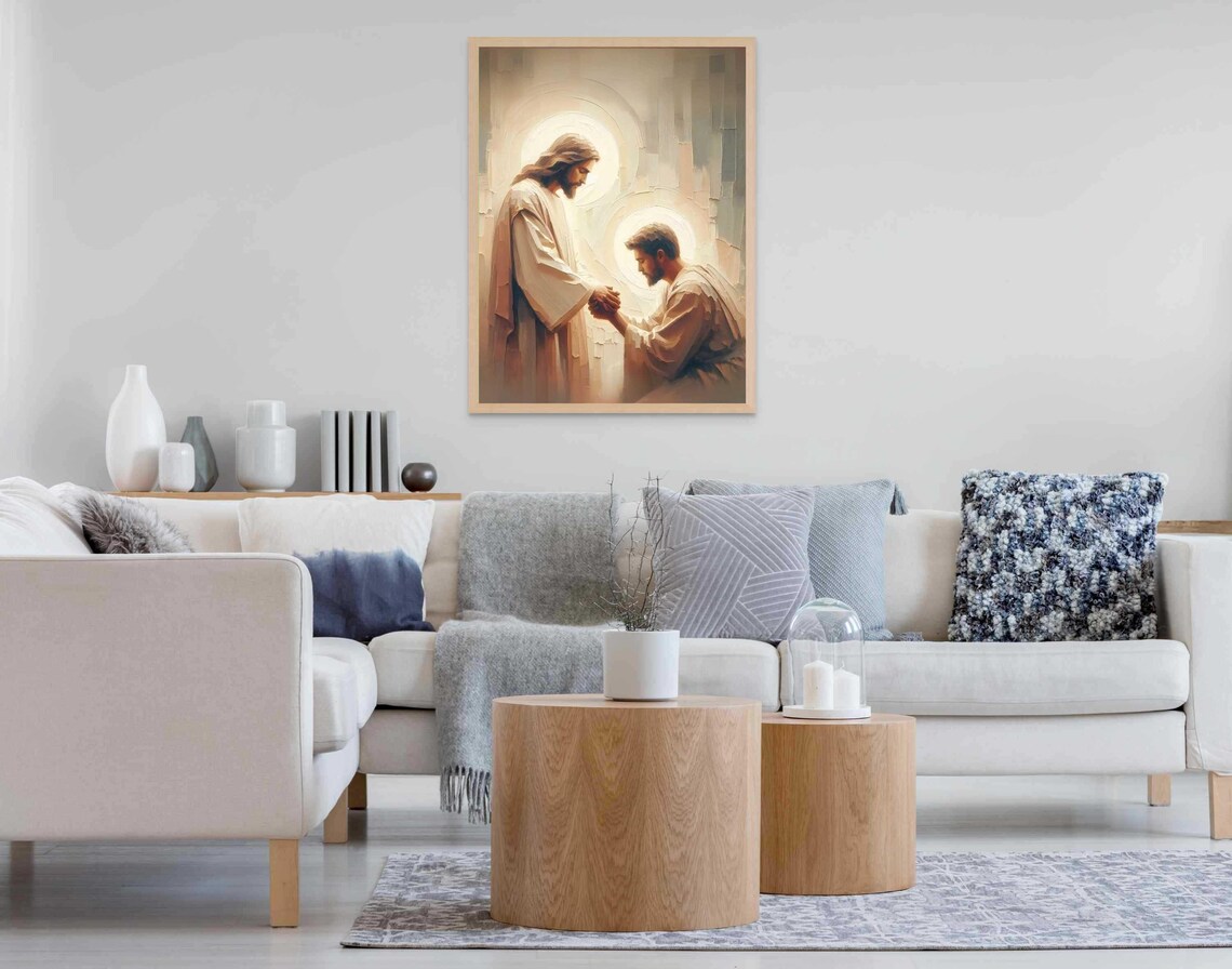 Jesus Holding Kneeling Man's Hands In Prayer With Soft Halo Glow Poster - Image 7