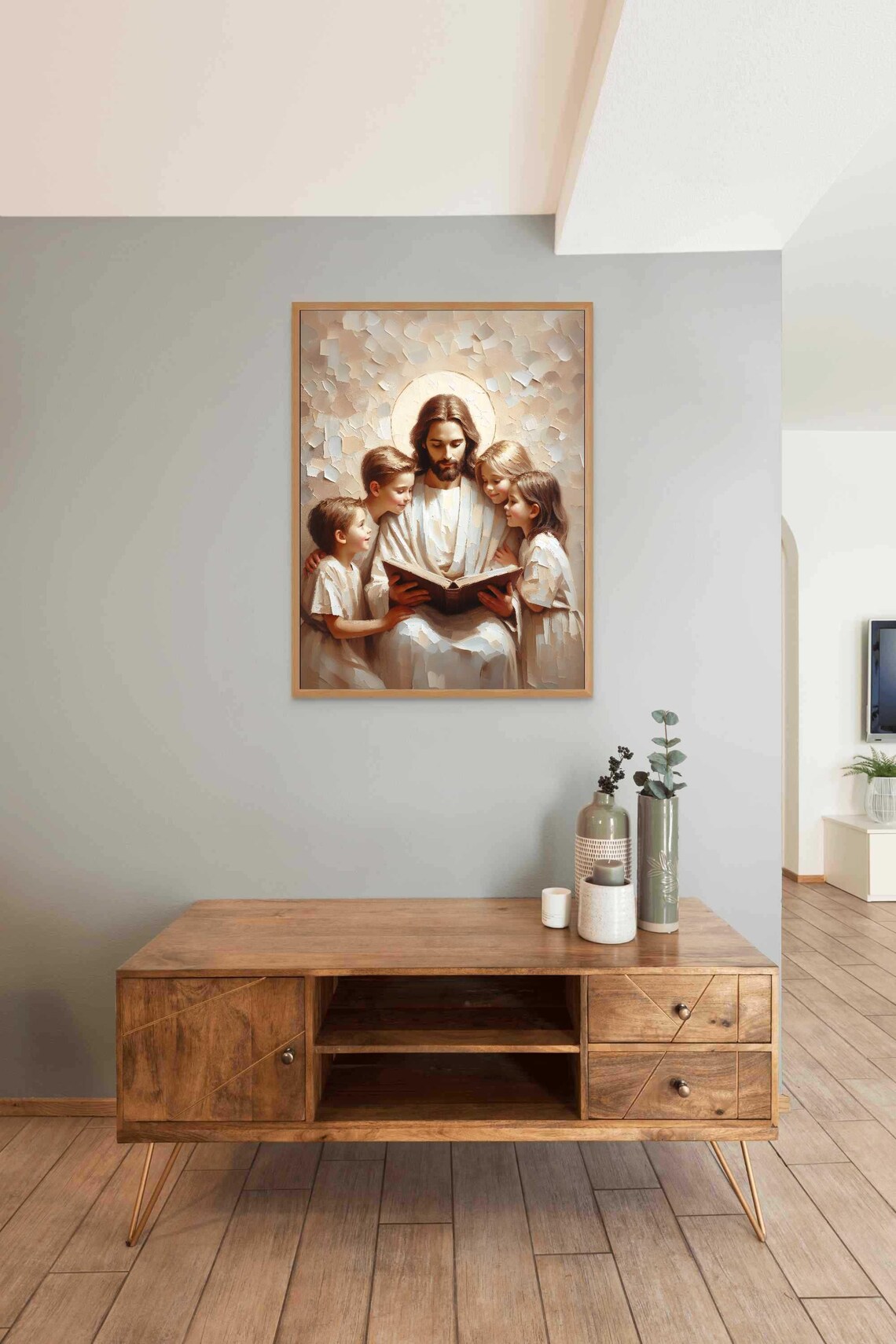 Jesus Reading To Four Children With Golden Halo In Mosaic Art Poster - Image 3