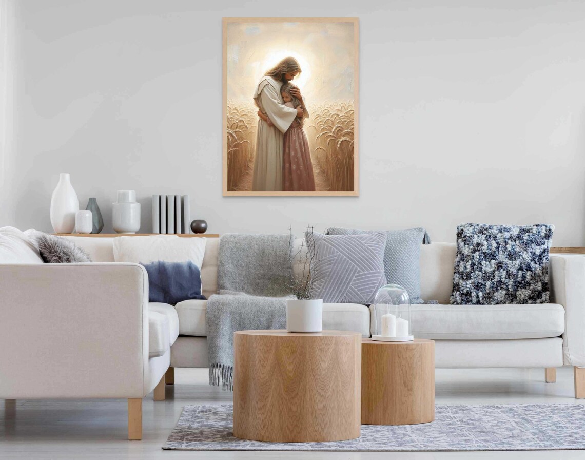 Jesus Embracing Little Girl In Golden Wheat Field With Sunlight Poster - Image 6