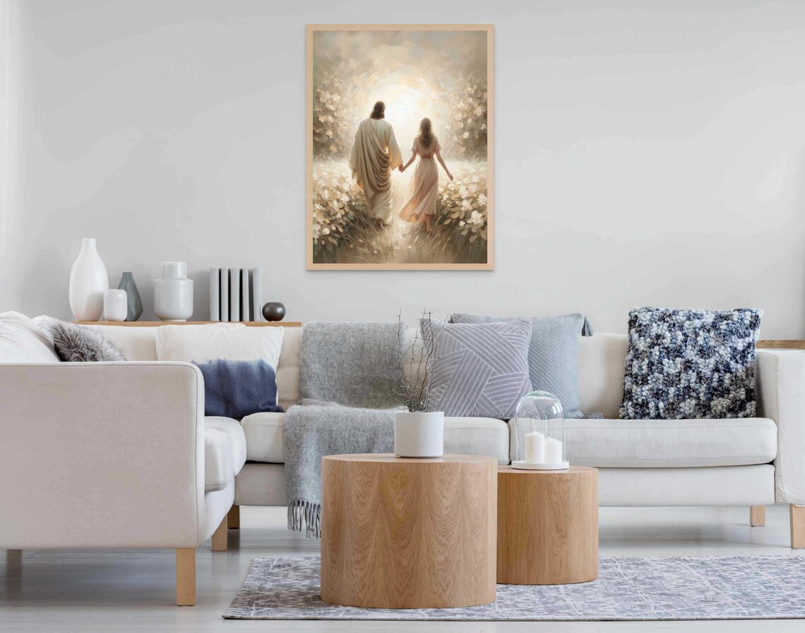 Jesus Walking Hand In Hand With Girl Toward Light In Flower Field Poster - Image 6