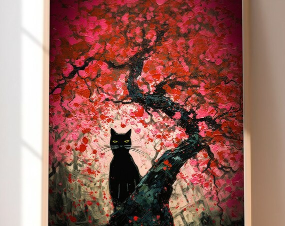 Black Cat Under Red Blossom Tree Impressionist Painting Wall Art