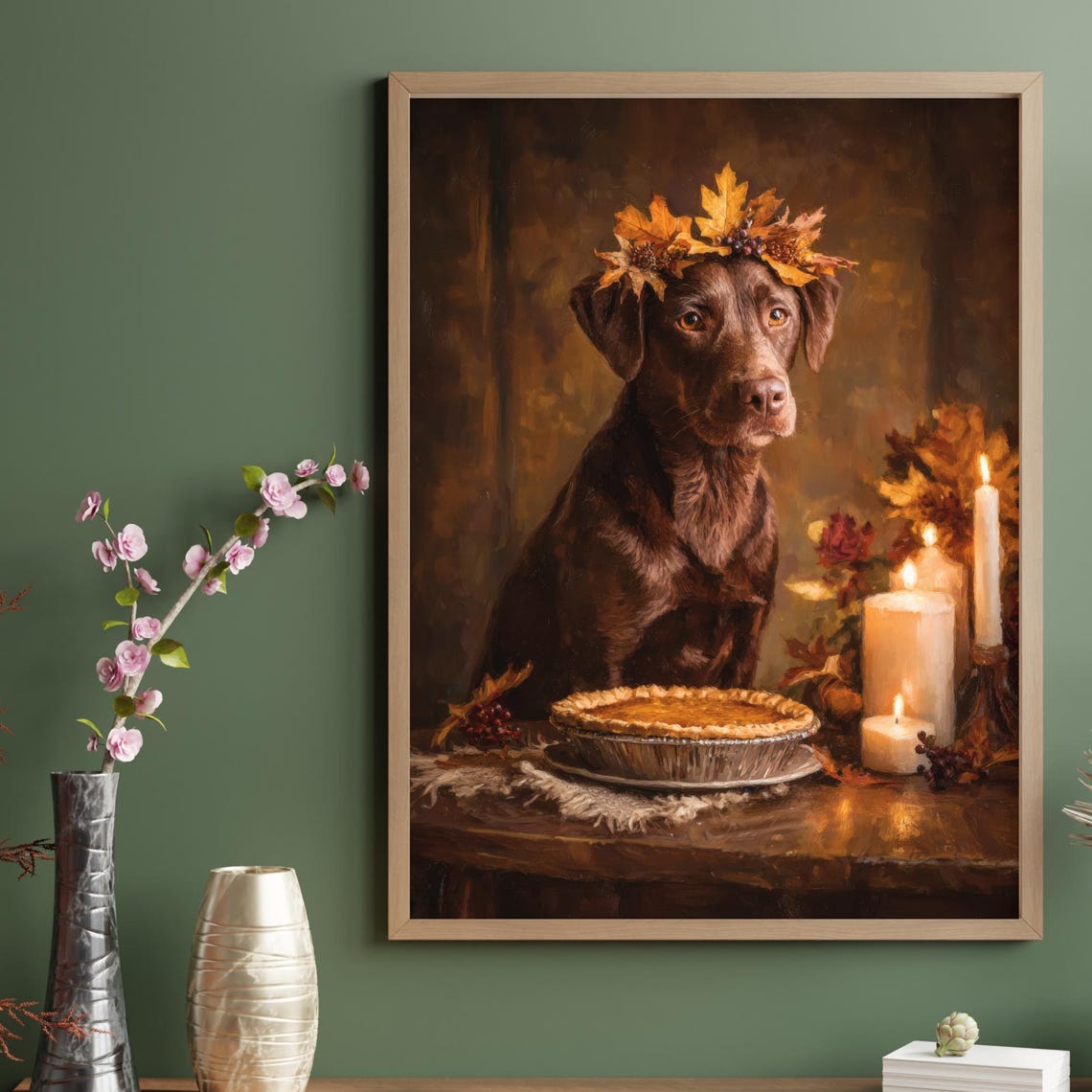 Thanksgiving Dog Art Oil Painting Chocolate Labrador Fall Leaf Crown Festive Wall Decor